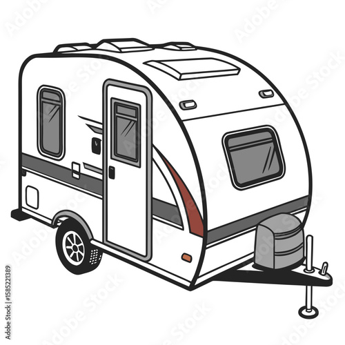 White compact travel trailer with gray accents and windows camping recreational vehicle