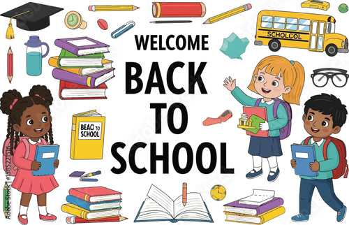 Back to school cartoon illustration with children and school supplies