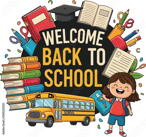 Vector art of a girl is ready to go back to school with books and a school bus isolated on white background