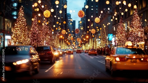 Christmas ornaments and lights decorating a fir tree on a city street at twilight, creating a festive atmosphere