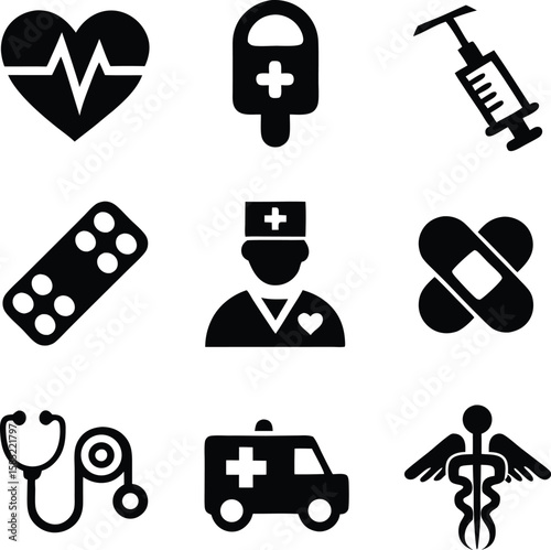 Medical and Healthcare Icons Depicting Various Aspects of Medicine and Emergency Services in a Simple Design