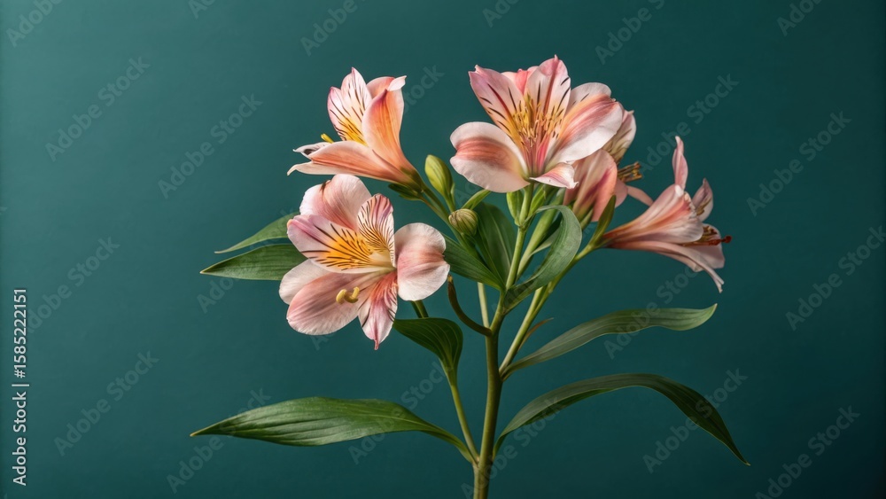 Fototapeta premium Delicate pink alstroemeria flowers with green leaves against a deep teal background
