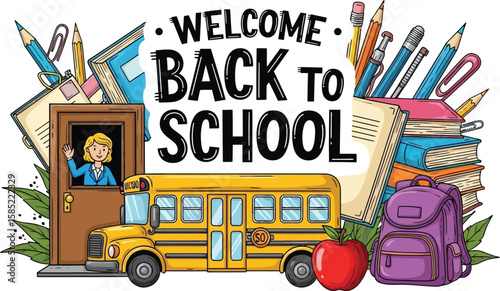 Vector art of welcome back to school illustration with school bus, books, and teacher isolated on white background