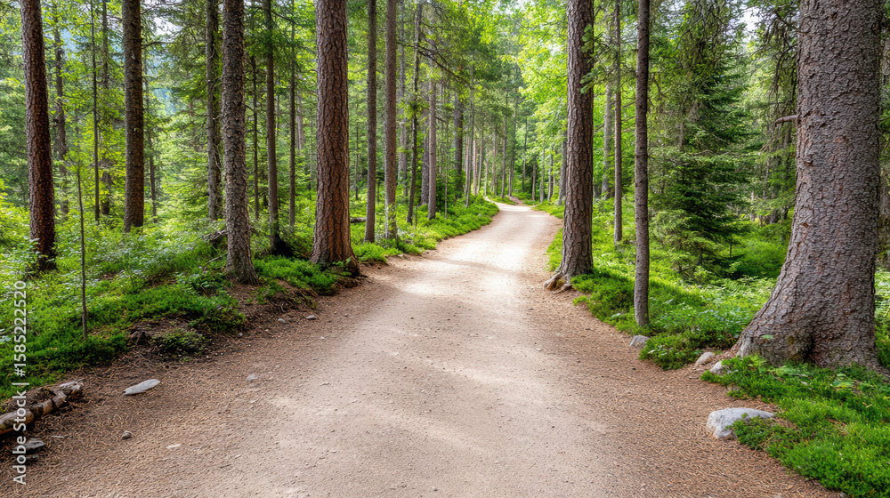 Fototapeta premium Serene forest trail winding through tall trees, inviting exploration and tranquility