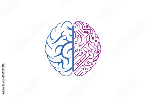 Digital Brain: An artistic illustration of a brain, split in half to reveal a contrast between organic and digital components, symbolizes the intersection of intelligence and technology. 