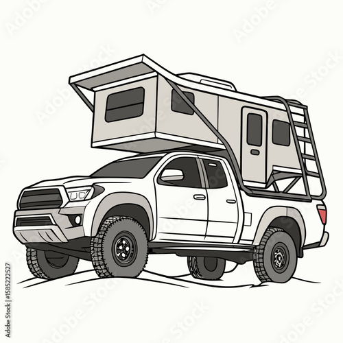 White pickup truck with pop up camper and ladder off road adventure
