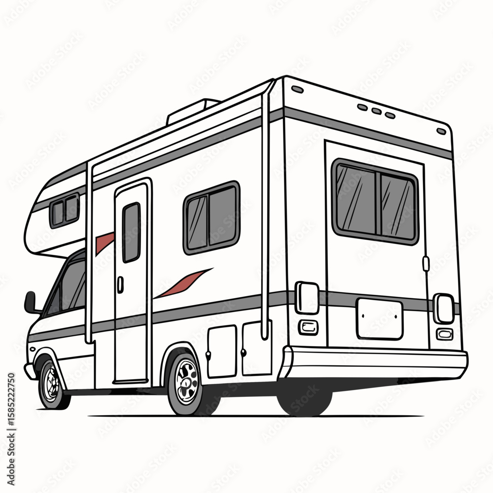 Naklejka premium White recreational vehicle with large windows and red accents camper motorhome