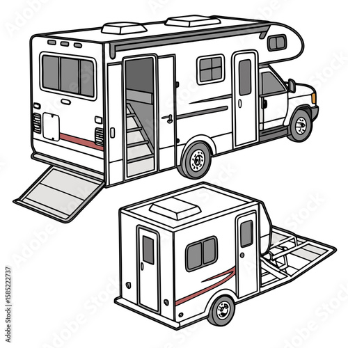 White recreational vehicle with open door and ramp camper motorhome