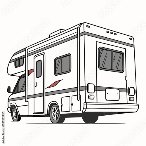 White recreational vehicle with large windows and red accents camper motorhome