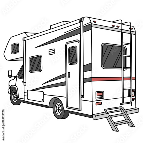 White recreational vehicle with red accents and ladder motorhome camper