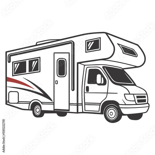 White recreational vehicle with red stripe and black accents camper motorhome