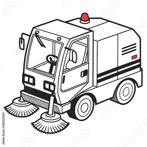 White street sweeper vehicle with red light cleaning sanitation