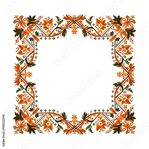 Ornate decorative floral border in orange and green colors  