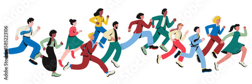 Business people running. Success employees characters rushing and hurrying, excited and happy runners persons chasing their goals and dreams. Vector running people illustration