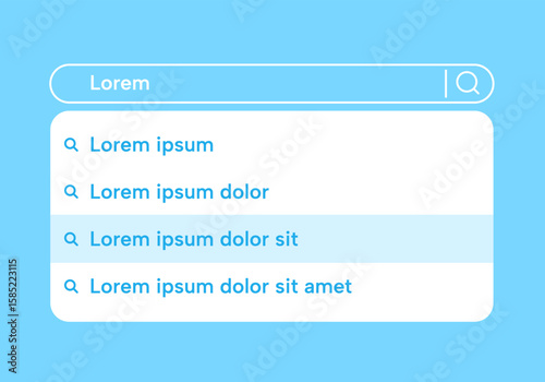 Search bar results. Web page interface mockup with search window and suggestion list. Vector browser searched address frame and searching phone application