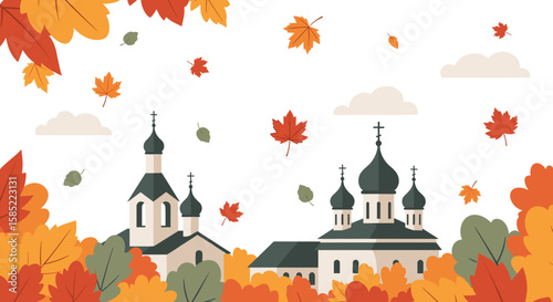 Autumn landscape with falling leaves and traditional church towers  