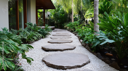 Tropical garden path with stone slabs surrounded by lush greenery and vibrant plants