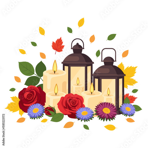 Autumn lanterns and candles decorated with flowers and leaves  