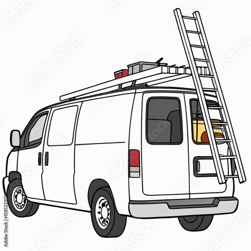 White utility van with ladder on roof rack vector