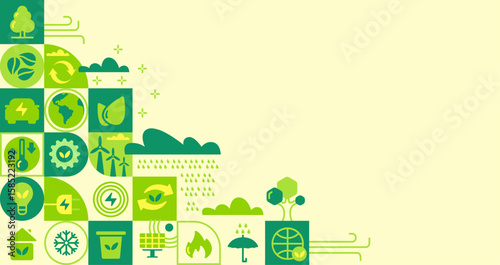 Mosaic eco background. Green abstract geometric pattern with nature icons, modern ecology banner cover for earth day recycling awareness. Vector eco illustration