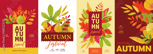 Autumn posters. Seasonal fall botanical floral leaves backdrop with rowan branches, frame with autumn foliage for greeting card. Vector fall cover set