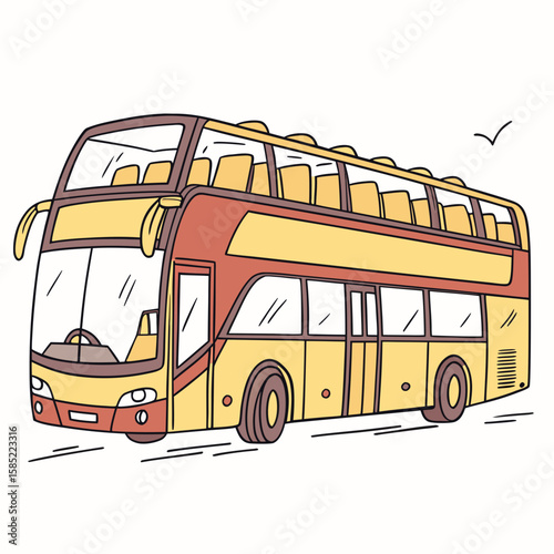 Yellow and red double decker bus traveling transportation vehicle