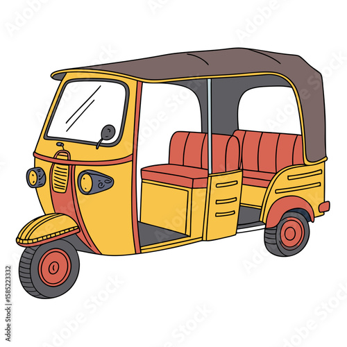 Yellow and red three wheeled auto rickshaw with canopy three wheeler brown