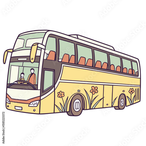 Yellow double decker bus with orange seats and flowers vehicle transportation