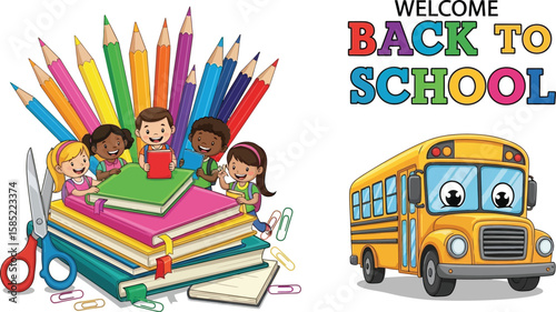 Vector art of a vibrant and cheerful illustration announces welcome back to school with cartoon children, books, and a school bus isolated on white background