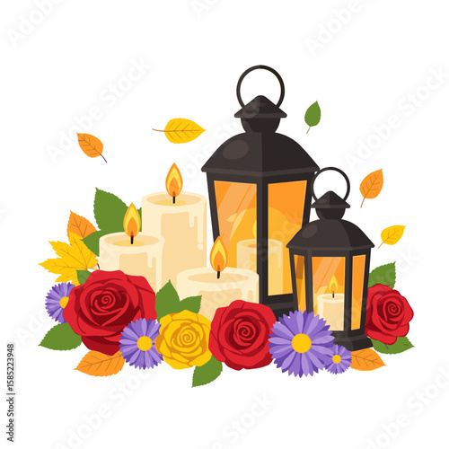 Decorative lanterns and candles surrounded by colorful flowers  