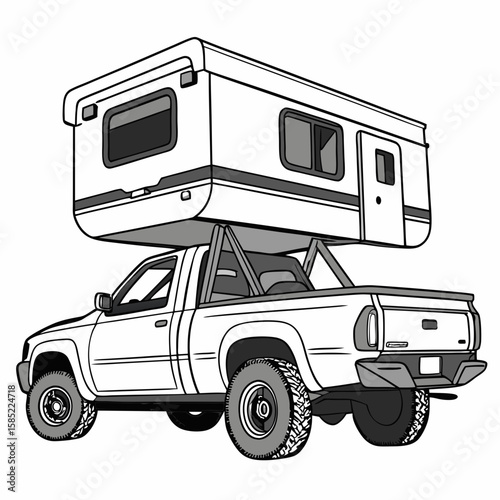 White pickup truck with camper travel adventure