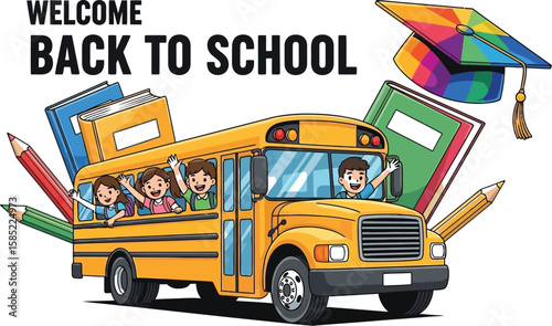 Vector art of a vibrant illustration welcomes students back to school with a bus, books, pencil, and graduation cap, isolated on white background