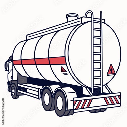 White tanker truck with red stripe and hazard symbols
