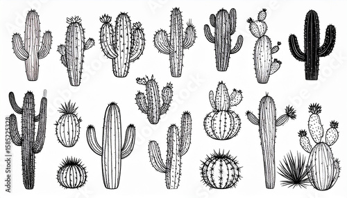 Line art cactus hand drawn desert sketch plant cacti isolated set
