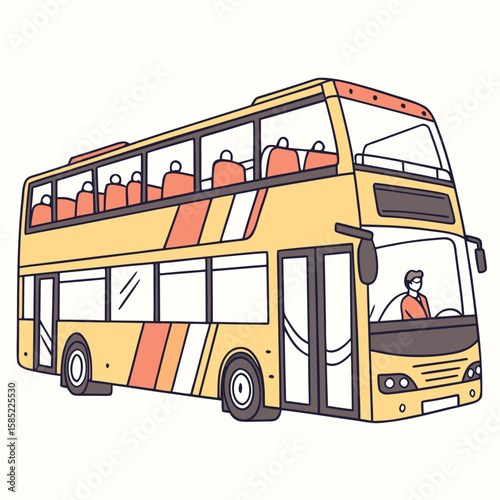 Yellow double decker bus with driver and passengers