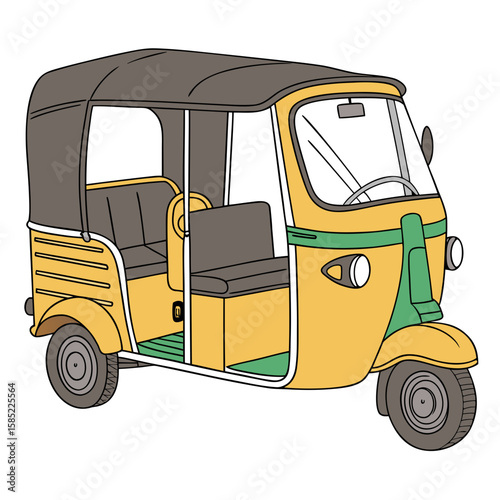 Yellow green tuk vehicle three wheeled vehicle auto rickshaw