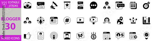 Blogger icon set. Editable vector set of blogger, blog, writing, content, digital, online, social, media, web, network, communication, post, article, creativity, internet, publish and more icons.