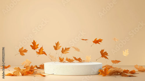 Product display podium on a warm earthy background with falling autumn leaves. Minimal fall season event stage for show.