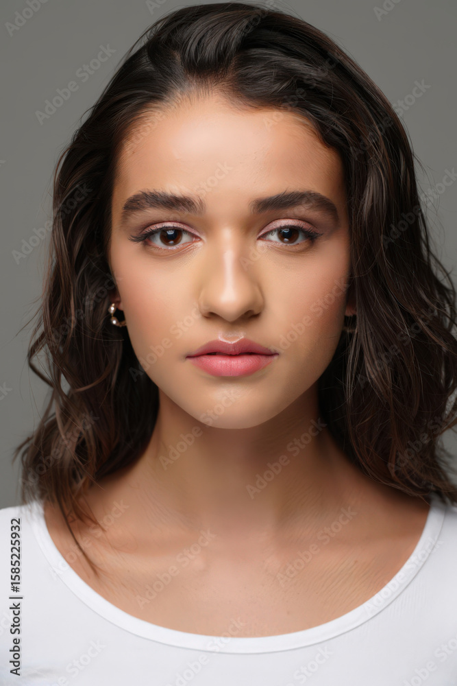 Fototapeta premium Portrait of a Beautiful Young Woman with Flawless Skin and Natural Makeup in a Studio Setting with a Neutral Gray Background for Beauty and Skincare Concepts