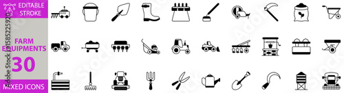 Farm Equipments icon set. Editable vector of farm, equipment, tractor, plow, harvester, combine, machinery, agriculture, tools, field, farming, seeds, irrigation, barn, rake, shovel, pitchfork icons.