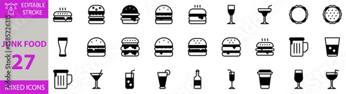 Junk food icon set. Editable vector of junk, food, fastfood, burger, pizza, frenchfries, soda, hotdog, snack, unhealthy, cheese, ketchup, calories, sandwich, fatty, oil, chips, crispy, greasy icons.