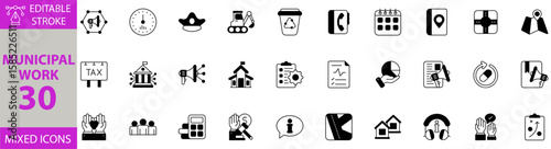 Municipal Work icon set. Editable vector of municipal, city, government, building, construction, public, service, urban, infrastructure, maintenance, road, repair, sanitation, street, worker icons.
