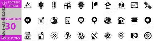 Navigation icon set. Editable vector of navigation, map, compass, direction, gps, location, pointer, arrow, travel, route, wayfinding, guide, journey, destination, digital, interface, button icons.