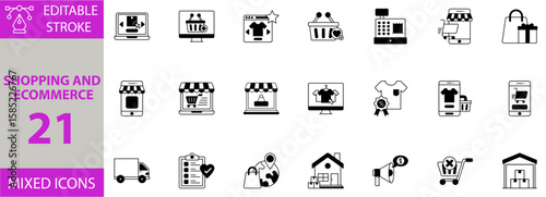 Shopping and ecommerce icon set. Editable vector of ecommerce, cash counter, site, add to cart, delivery, warehouse, marketing, home delivery, shopping, wishlist, online order, select,    app icons