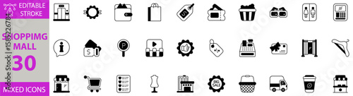 Shopping mall icon set. Editable vector of parking, coupon, atm, elevator, toilet, 3d glasess, popcorn, ticket, shopping bag, ribbon, food stall, cup, delivery, big sale, cart, wish list, market icons