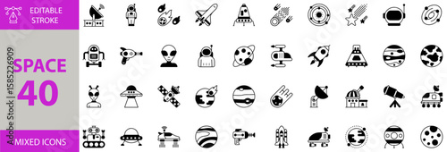 Space icon set. Editable vector of astronaut, robot, moon, orbit, space car, space shuttle, alien, telescope, observatory, asteriod, neptune, doomsday, jupitar, space, spaceship, weapon and more icons