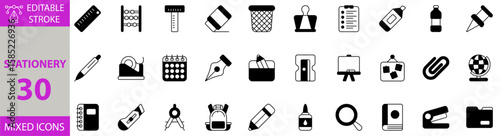 Stationery icon set. Editable vector of market, ruler, calendar, water bottle, clipboard, abacup, book, notebook, pencil, cutter, staple, business, globe, paper clip, learning, cork board, school icon