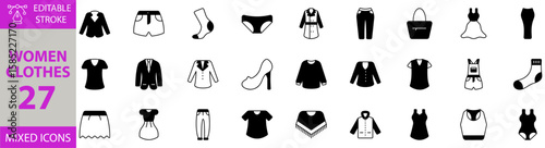 Women Clothes icon set. Editable vector of fashion, women clothes, dress, hand bag, jeans, trench coat, shoes, shorts, skirt, sportswear, raincoat, poncho, jogger, shirt, bolero, suit and more icons.