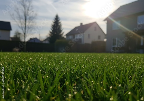 Wallpaper Mural Morning dew glistens on vibrant green grass, with houses and trees in the sunlit background Torontodigital.ca