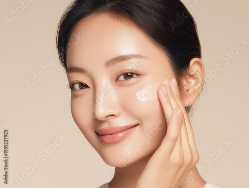 Radiant Woman Applying Moisturizer: Skincare Beauty Closeup